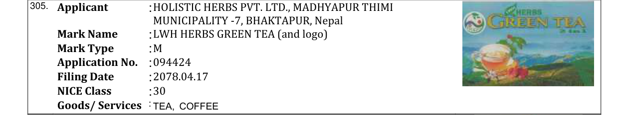 Original bulletin entry for LWH HERBS GREEN TEA (and logo)
