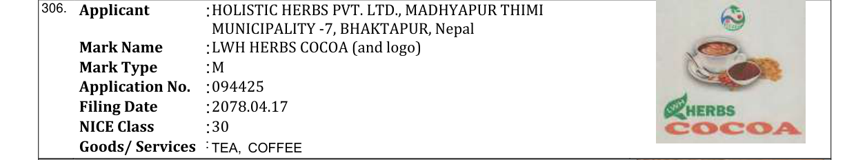 Original bulletin entry for LWH HERBS COCOA (and logo)