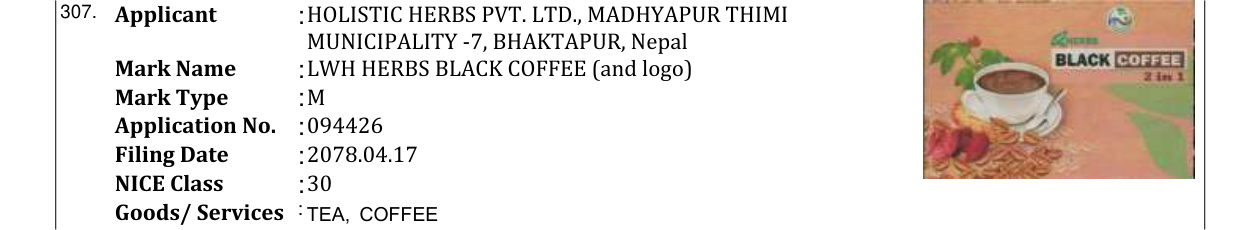 Original bulletin entry for LWH HERBS BLACK COFFEE (and logo)