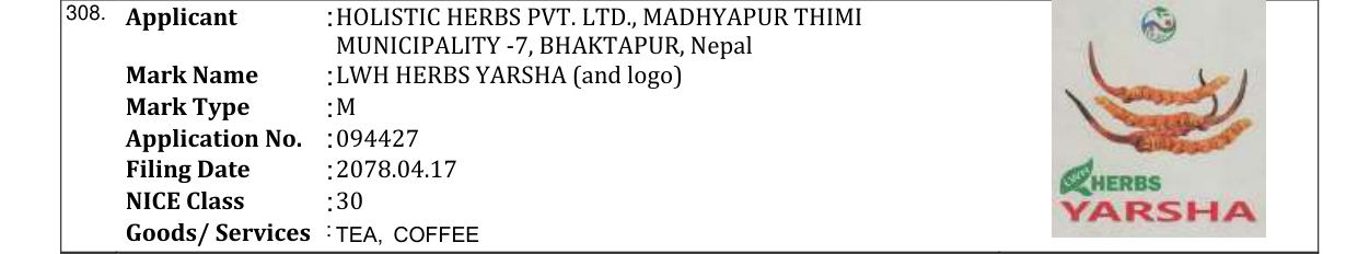 Original bulletin entry for LWH HERBS YARSHA (and logo)