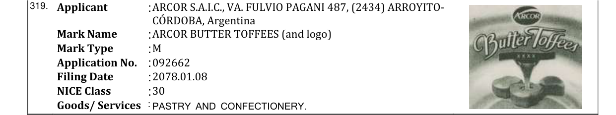 Original bulletin entry for ARCOR BUTTER TOFFEES (and logo)