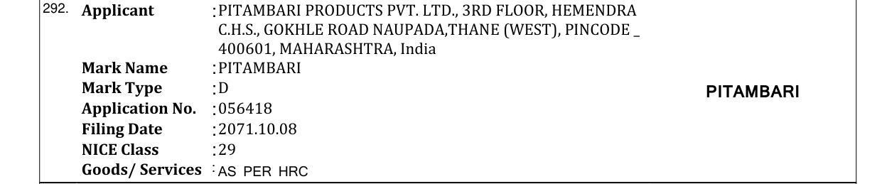 Original bulletin entry for PITAMBARI