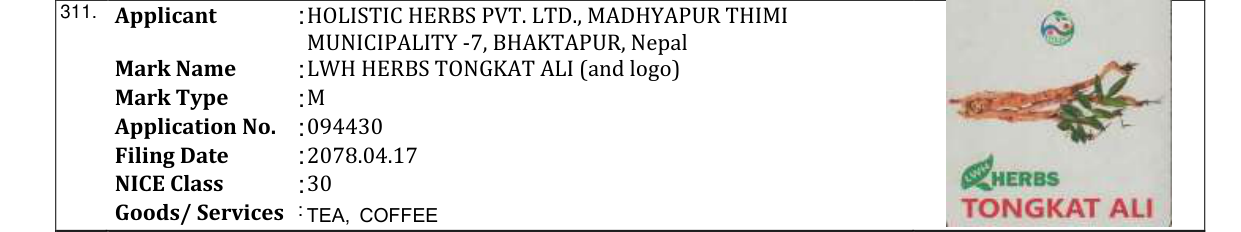 Original bulletin entry for LWH HERBS TONGKAT ALI (and logo)