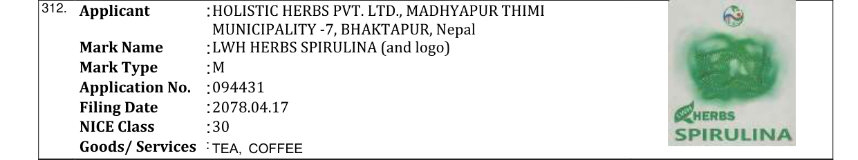 Original bulletin entry for LWH HERBS SPIRULINA (and logo)