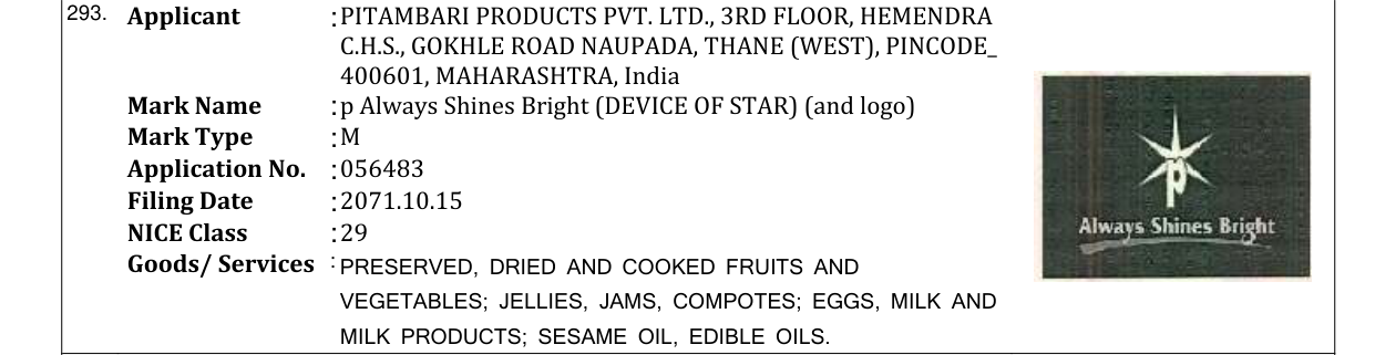 Original bulletin entry for p Always Shines Bright (DEVICE OF STAR) (and logo)