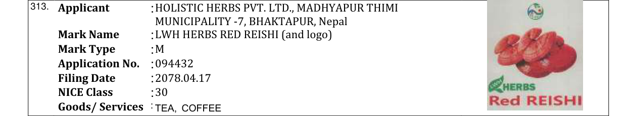 Original bulletin entry for LWH HERBS RED REISHI (and logo)