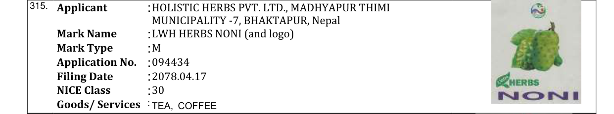 Original bulletin entry for LWH HERBS NONI (and logo)