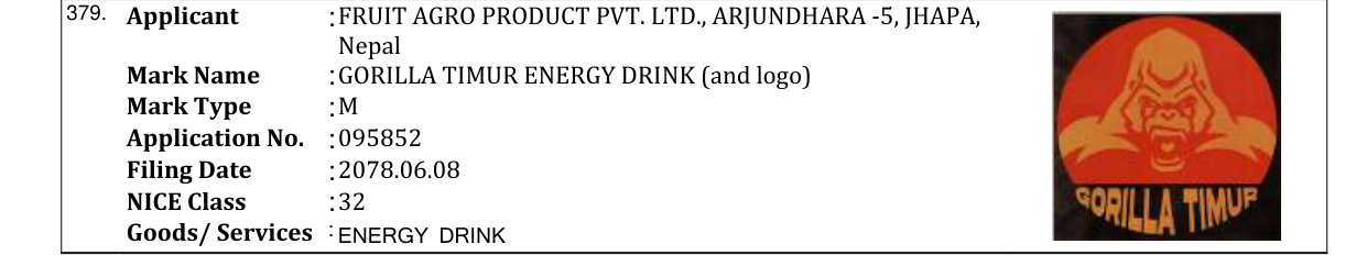 Original bulletin entry for GORILLA TIMUR ENERGY DRINK (and logo)