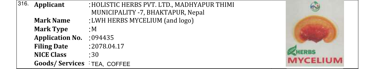 Original bulletin entry for LWH HERBS MYCELIUM (and logo)