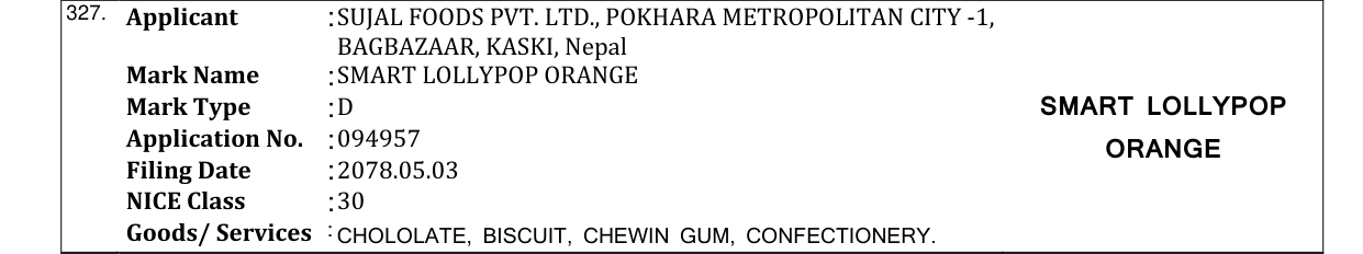 Original bulletin entry for SMART LOLLYPOP ORANGE