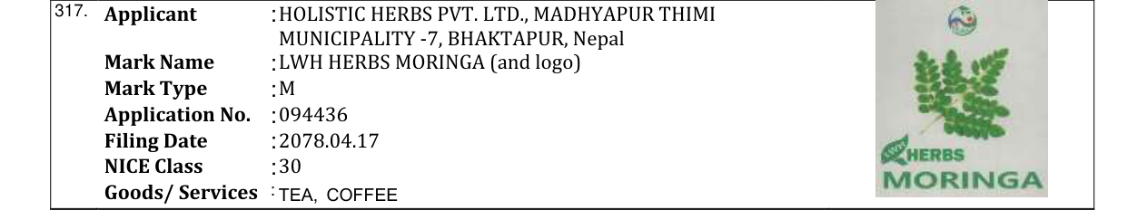 Original bulletin entry for LWH HERBS MORINGA (and logo)