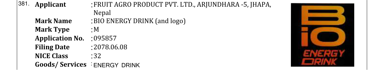 Original bulletin entry for BIO ENERGY DRINK (and logo)