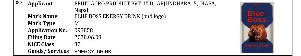 Original bulletin entry for BLUE BOSS ENERGY DRINK (and logo)
