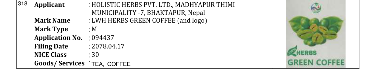 Original bulletin entry for LWH HERBS GREEN COFFEE (and logo)