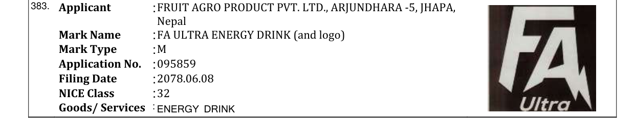 Original bulletin entry for FA ULTRA ENERGY DRINK (and logo)