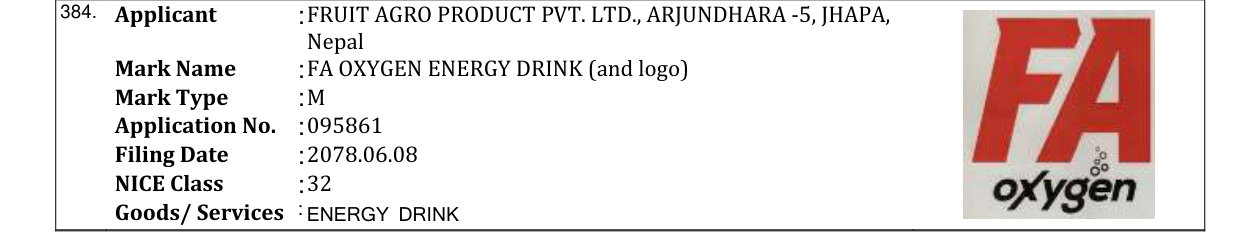 Original bulletin entry for FA OXYGEN ENERGY DRINK (and logo)