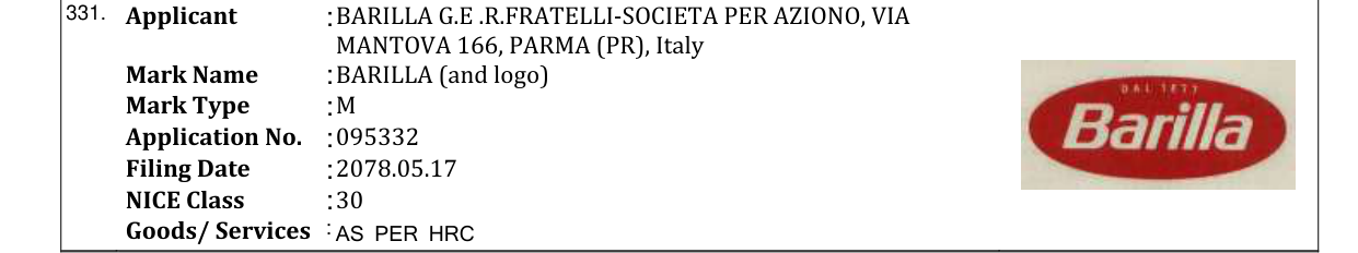 Original bulletin entry for BARILLA (and logo)
