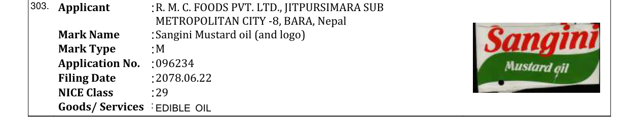 Original bulletin entry for Sangini Mustard oil (and logo)