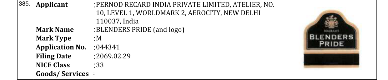 Original bulletin entry for BLENDERS PRIDE (and logo)