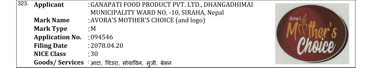 Original bulletin entry for AVORA'S MOTHER'S CHOICE (and logo)