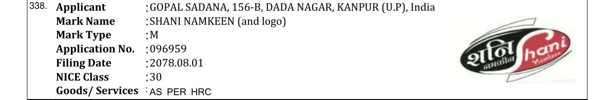 Original bulletin entry for SHANI NAMKEEN (and logo)