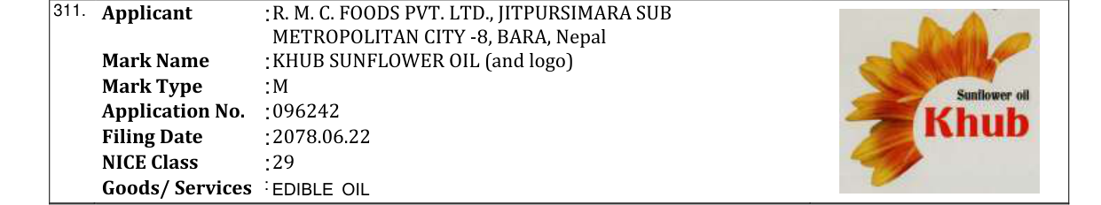 Original bulletin entry for KHUB SUNFLOWER OIL (and logo)