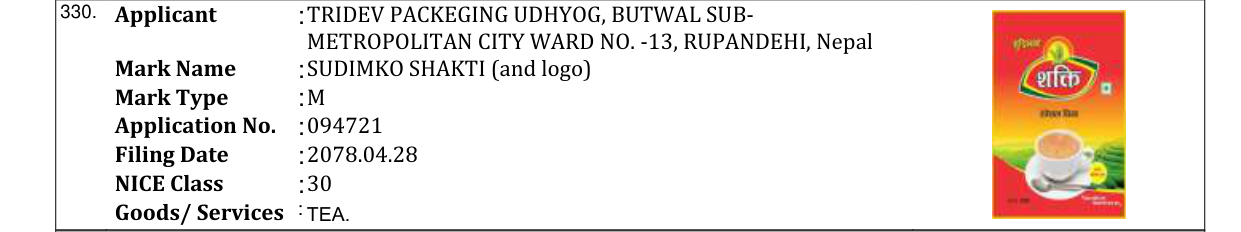 Original bulletin entry for SUDIMKO SHAKTI (and logo)