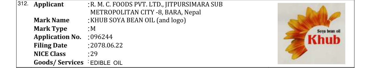 Original bulletin entry for KHUB SOYA BEAN OIL (and logo)