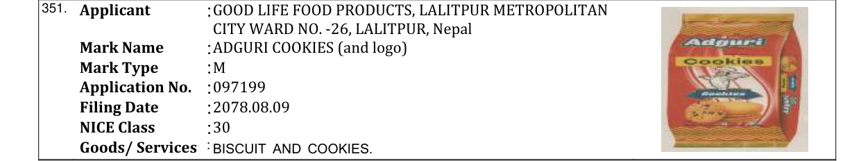 Original bulletin entry for ADGURI COOKIES (and logo)