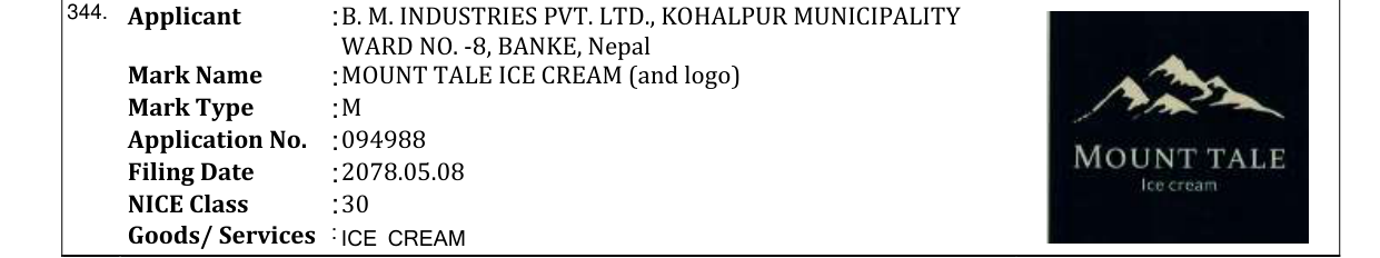 Original bulletin entry for MOUNT TALE ICE CREAM (and logo)