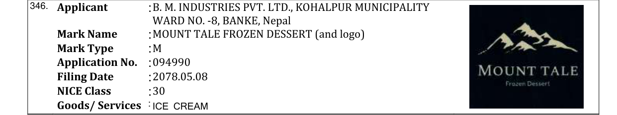 Original bulletin entry for MOUNT TALE FROZEN DESSERT (and logo)