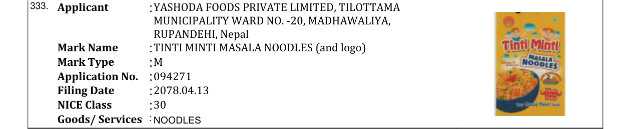 Original bulletin entry for TINTI MINTI MASALA NOODLES (and logo)