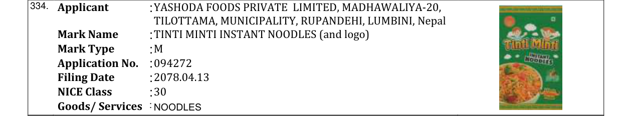 Original bulletin entry for TINTI MINTI INSTANT NOODLES (and logo)