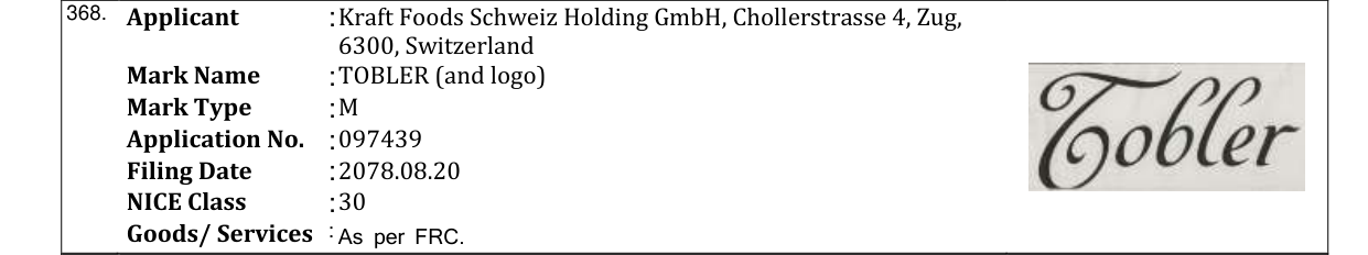 Original bulletin entry for TOBLER (and logo)