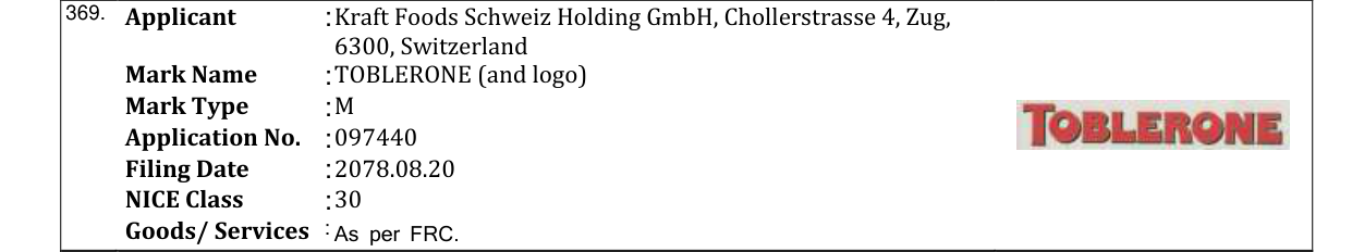 Original bulletin entry for TOBLERONE (and logo)