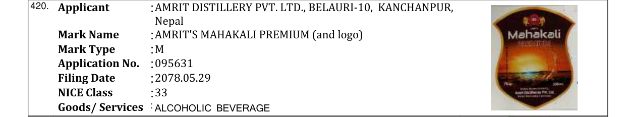 Original bulletin entry for AMRIT'S MAHAKALI PREMIUM (and logo)