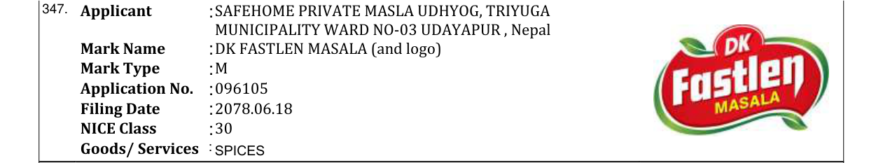 Original bulletin entry for DK FASTLEN MASALA (and logo)