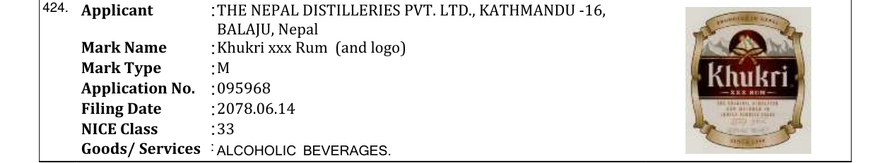Original bulletin entry for Khukri xxx Rum (and logo)