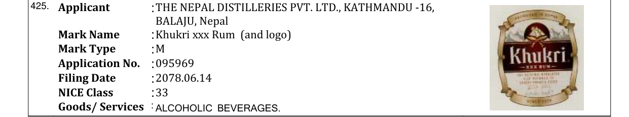 Original bulletin entry for Khukri xxx Rum (and logo)