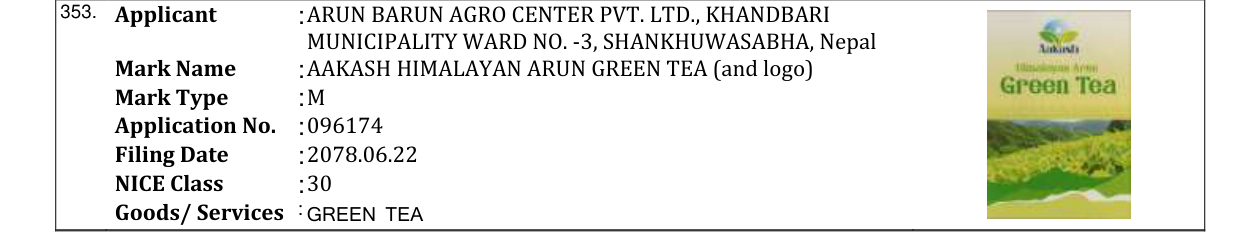 Original bulletin entry for AAKASH HIMALAYAN ARUN GREEN TEA (and logo)