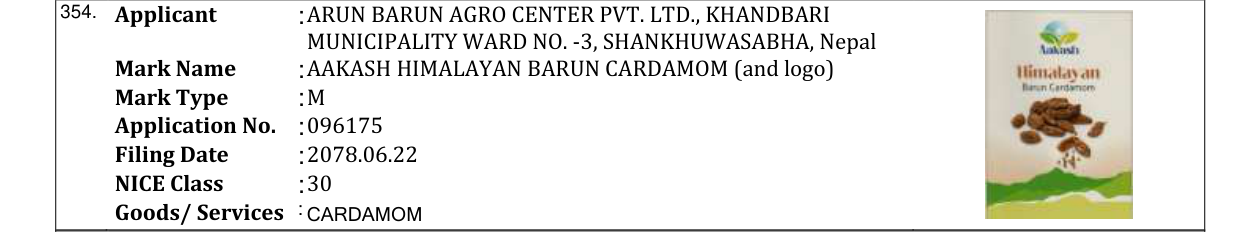 Original bulletin entry for AAKASH HIMALAYAN BARUN CARDAMOM (and logo)