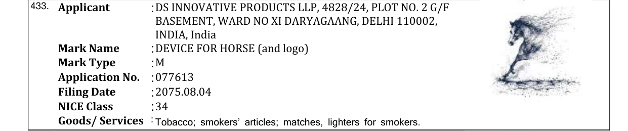 Original bulletin entry for DEVICE FOR HORSE (and logo)