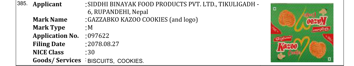 Original bulletin entry for GAZZABKO KAZOO COOKIES (and logo)