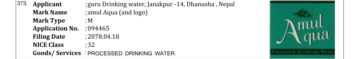 Original bulletin entry for amul Aqua (and logo)