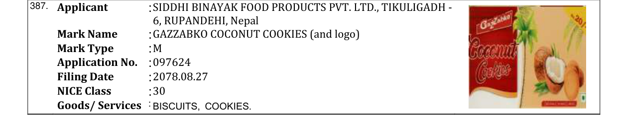 Original bulletin entry for GAZZABKO COCONUT COOKIES (and logo)