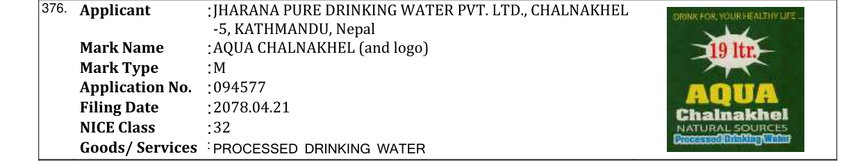 Original bulletin entry for AQUA CHALNAKHEL (and logo)