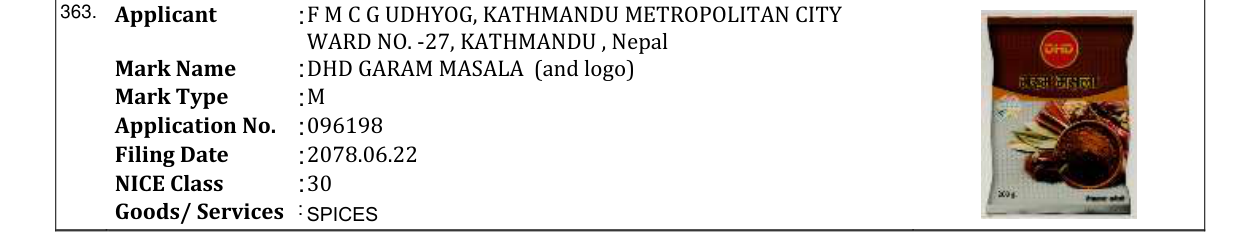 Original bulletin entry for DHD GARAM MASALA (and logo)