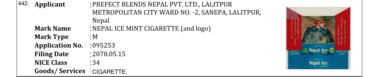 Original bulletin entry for NEPAL ICE MINT CIGARETTE (and logo)
