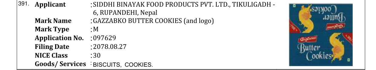 Original bulletin entry for GAZZABKO BUTTER COOKIES (and logo)