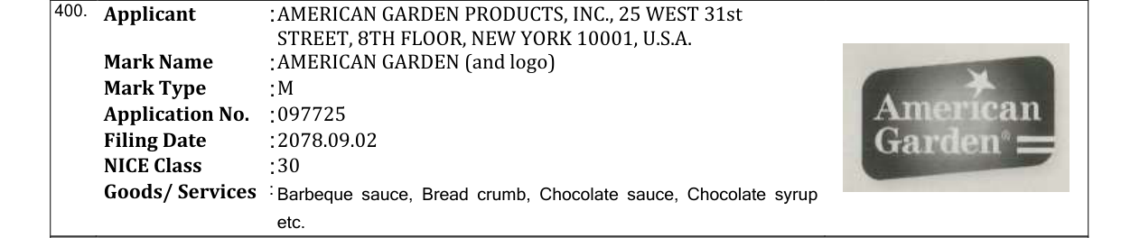 Original bulletin entry for AMERICAN GARDEN (and logo)
